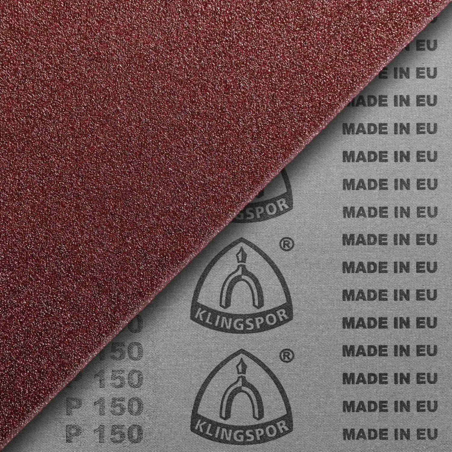 Klingspor Schleifband Korund Korn 150 für Bandschleifer. Rote Schleiffläche, graue Geweberückseite mit Logo.