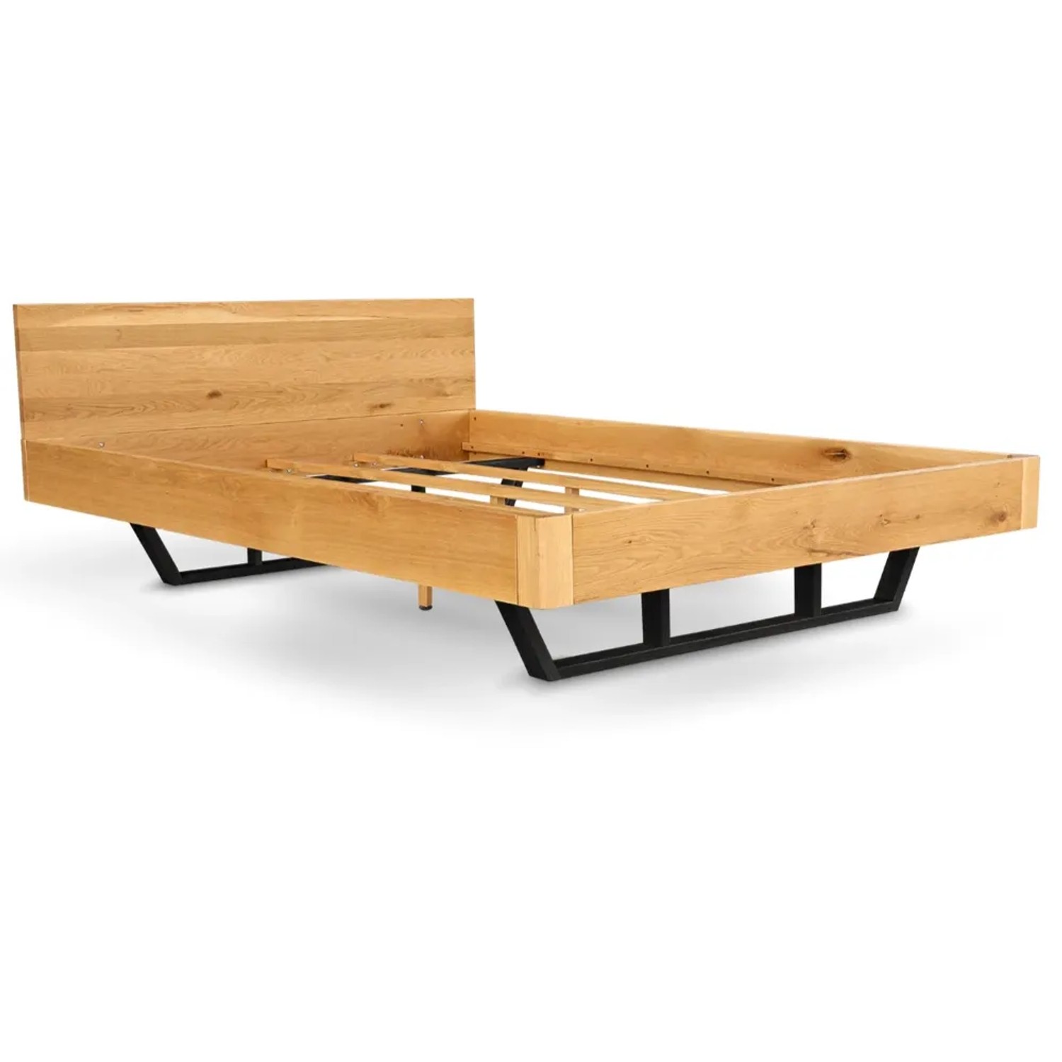 DELUKE Massivholzbett 180x200cm KEILO Eichenholz Bettrahmen mit Bettkopf Holzbett Naturgeölt Metallkufen Bettgestell Doppelbett Futonbett