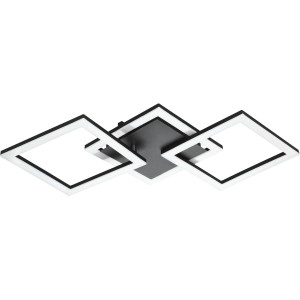 Moderne LED-Deckenleuchte Paranday-Z von Eglo, 65 cm, in Weiß und Schwarz mit drei quadratischen Leuchtelementen.