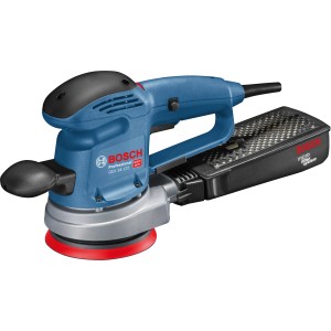 Bosch Professional GEX 34-125 Exzenterschleifer mit Schleifteller und Staubbox.