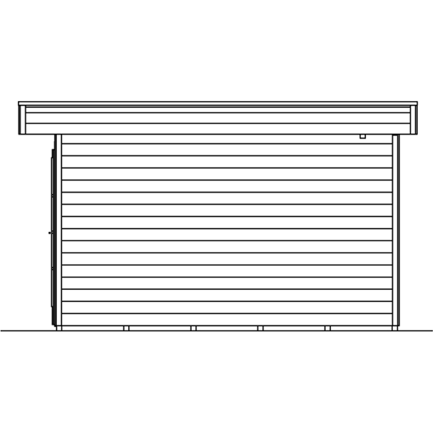 Illustration eines grauen Skan Holz Gartenhauses Breda mit Flachdach, Seitenansicht.