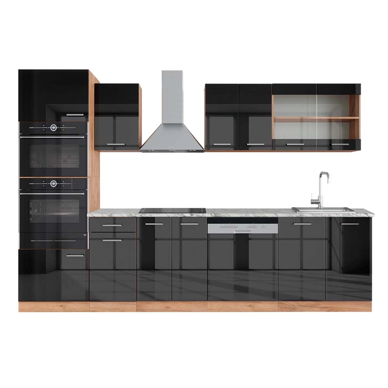 Vicco R-Line Küchenzeile Anthrazit Hochglanz/Goldkraft Eiche 300 cm mit Hoc günstig online kaufen