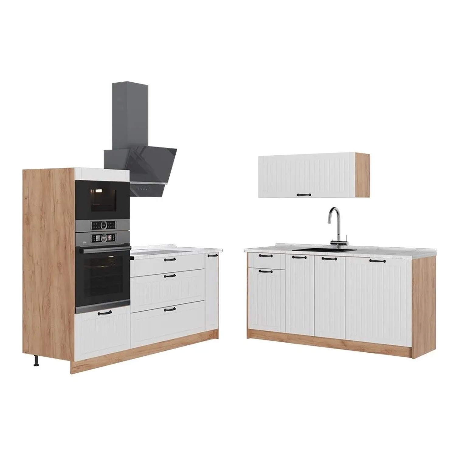 Vicco Küchenzeile Fame-Line Weiß Landhaus/Goldkraft Eiche 340 x 154 AP Marmor Art Nr 63719