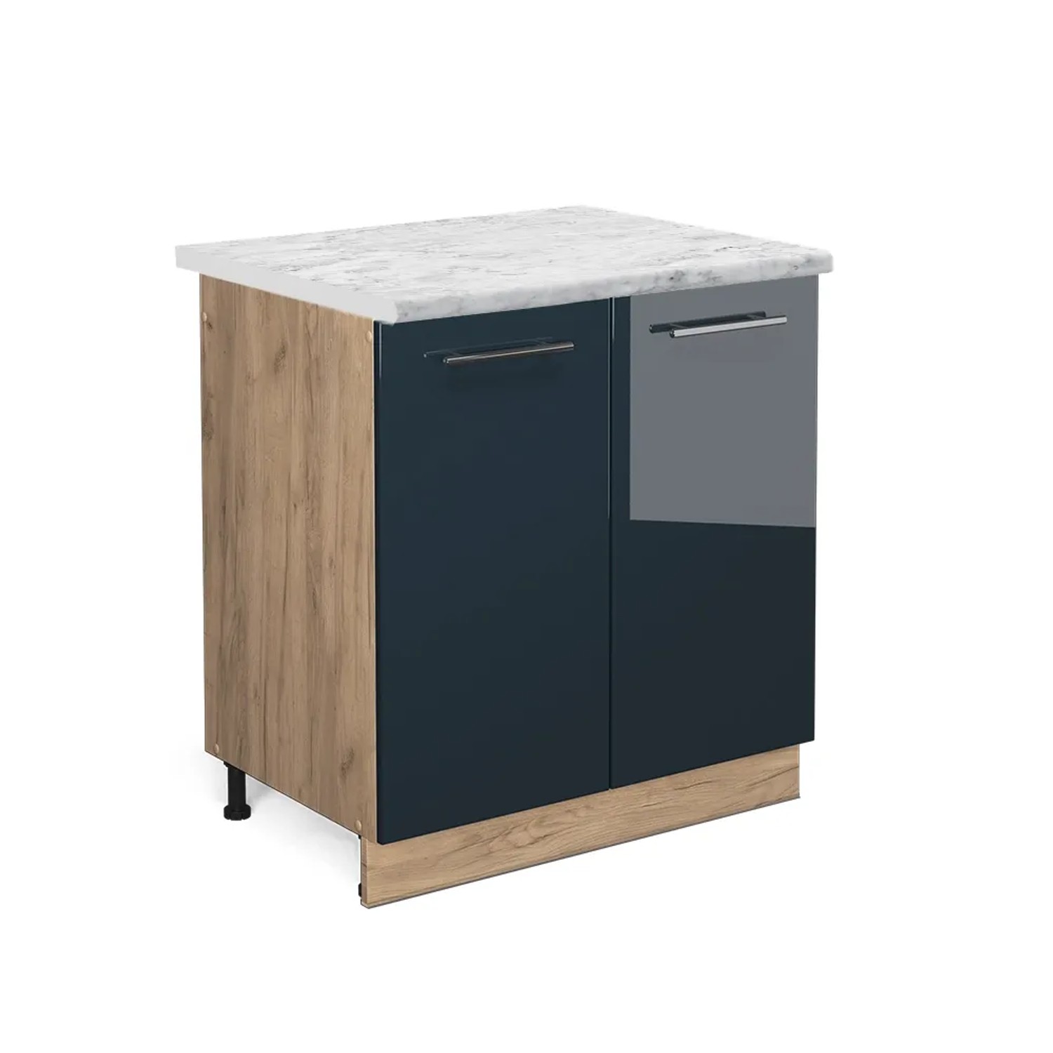 Vicco Spülenunterschrank Fame-Line Dunkelblau Hochglanz/Goldkraft Eiche 80 cm AP Marmor