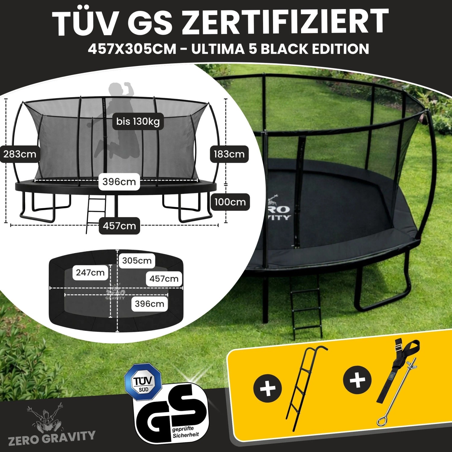 Zero Gravity Trampolin Outdoor 457x305cm TÜV GS Smartes Klappnetz mit Leiter und Bodenanker_3