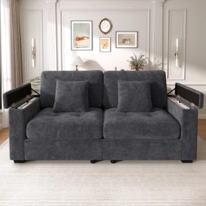 Dunkelgraues Merax 2-Sitzer Chenille Sofa mit geöffneten Armlehnen-Stauraumfächern.