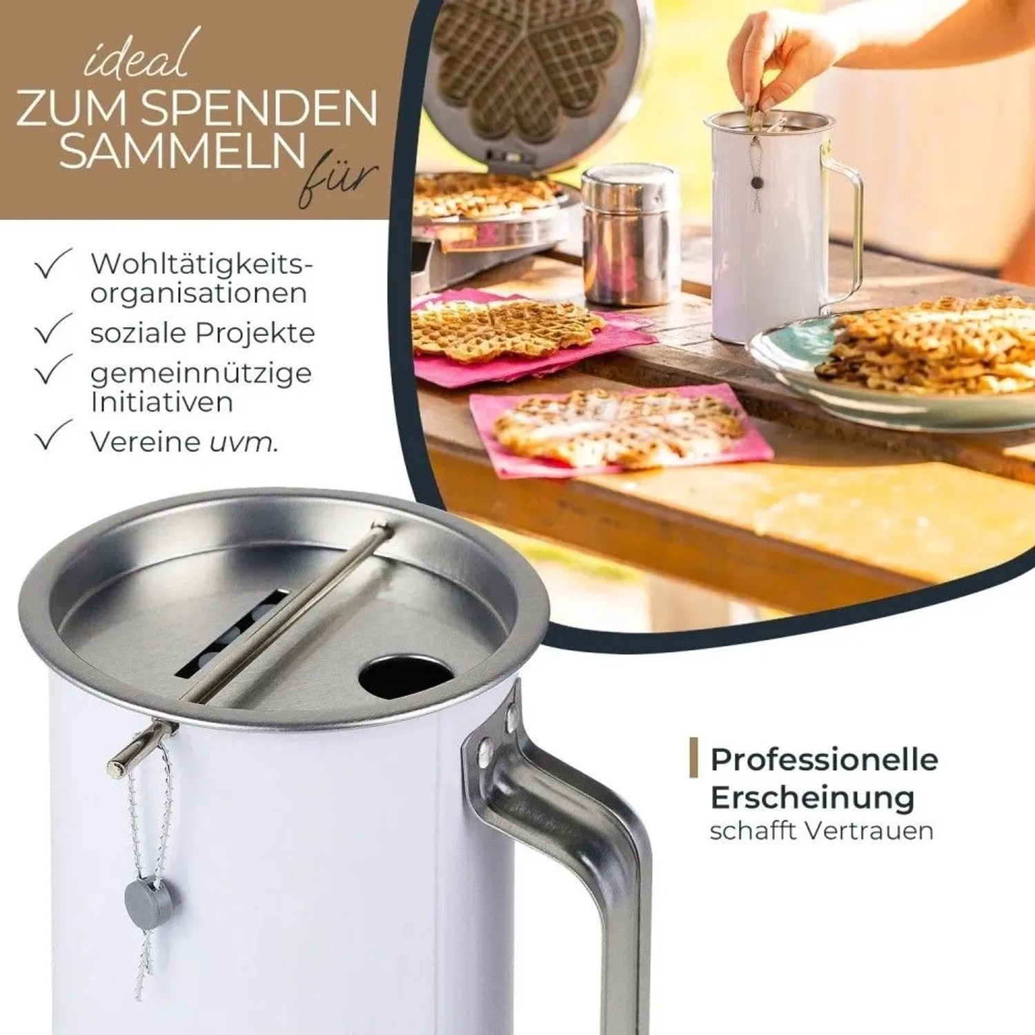 Lichtgraue HMF Spendendose aus Blech mit Griff, Einwurfschlitz und Plombe. Ideal für Spendensammlungen.
