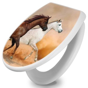 Weißer Toilettendeckel mit Absenkautomatik und Pferde-Motiv für Standard WC-Becken.