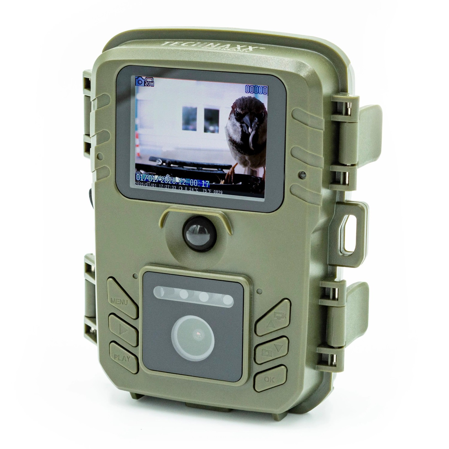 Technaxx FullHD Birdcam TX-165 zur Vogelbeobachtung mit Display und Bedienelementen.