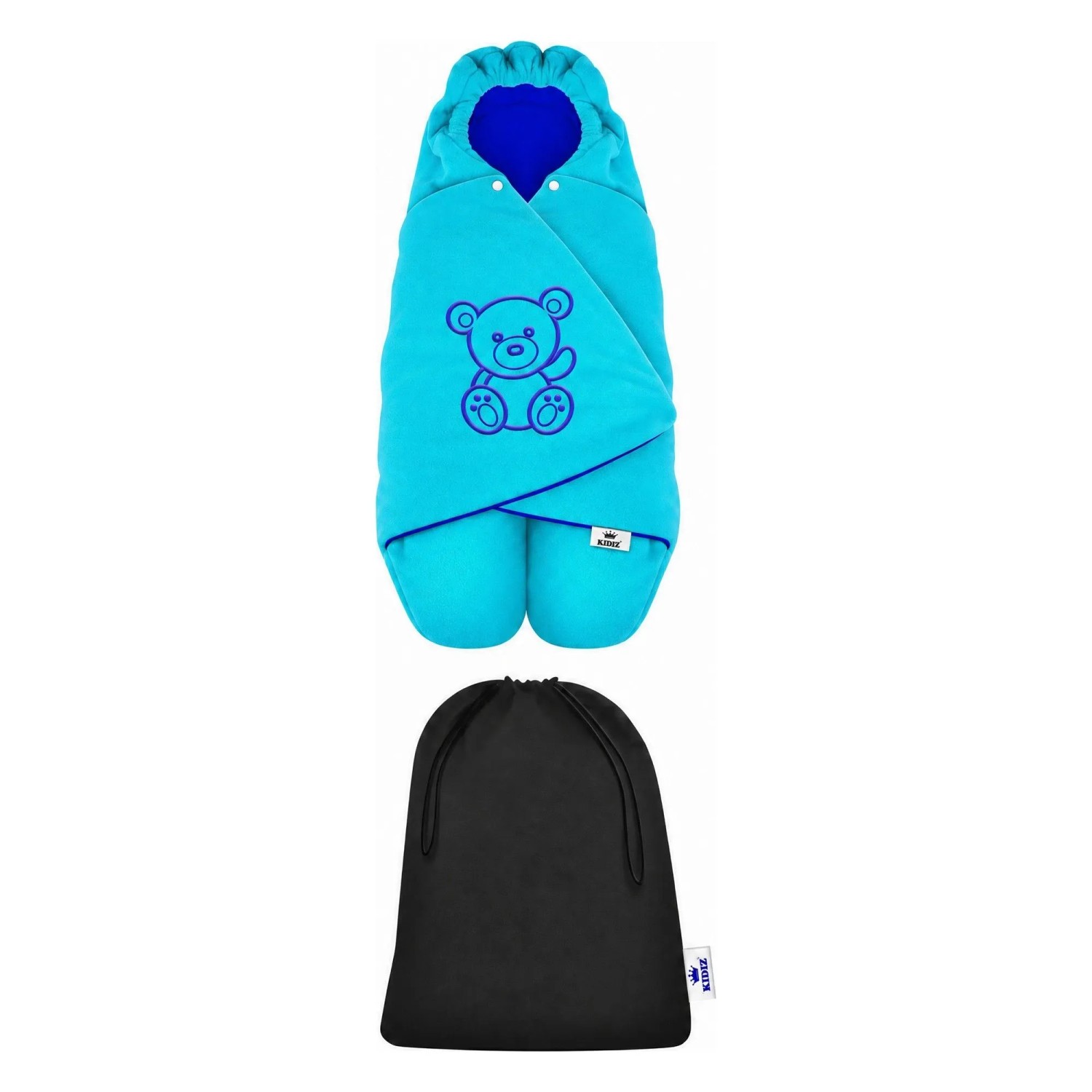 KIDIZ Baby Einschlagdecke mit Kapuze und Tasche Winter Fußsack Türkis Blau