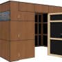 Bertilo Gartenhaus HPL 2 Italian Walnut, 345x229cm, mit offenstehender Tür und Fensterband.