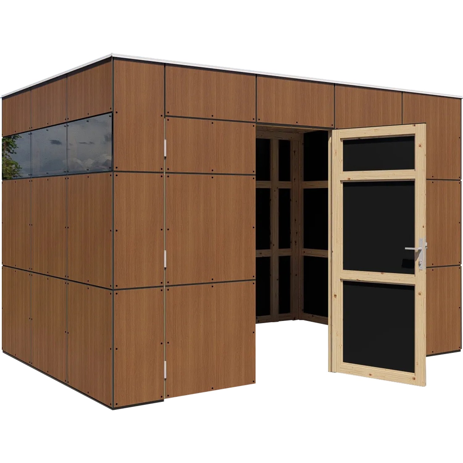 Bertilo Gartenhaus HPL 2 Italian Walnut, 345x229cm, mit offenstehender Tür und Fensterband.