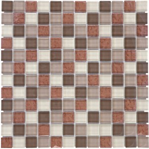 Mosaikmatte aus Glas und Metall in Kupfer, Braun und Beige, 30x30 cm.