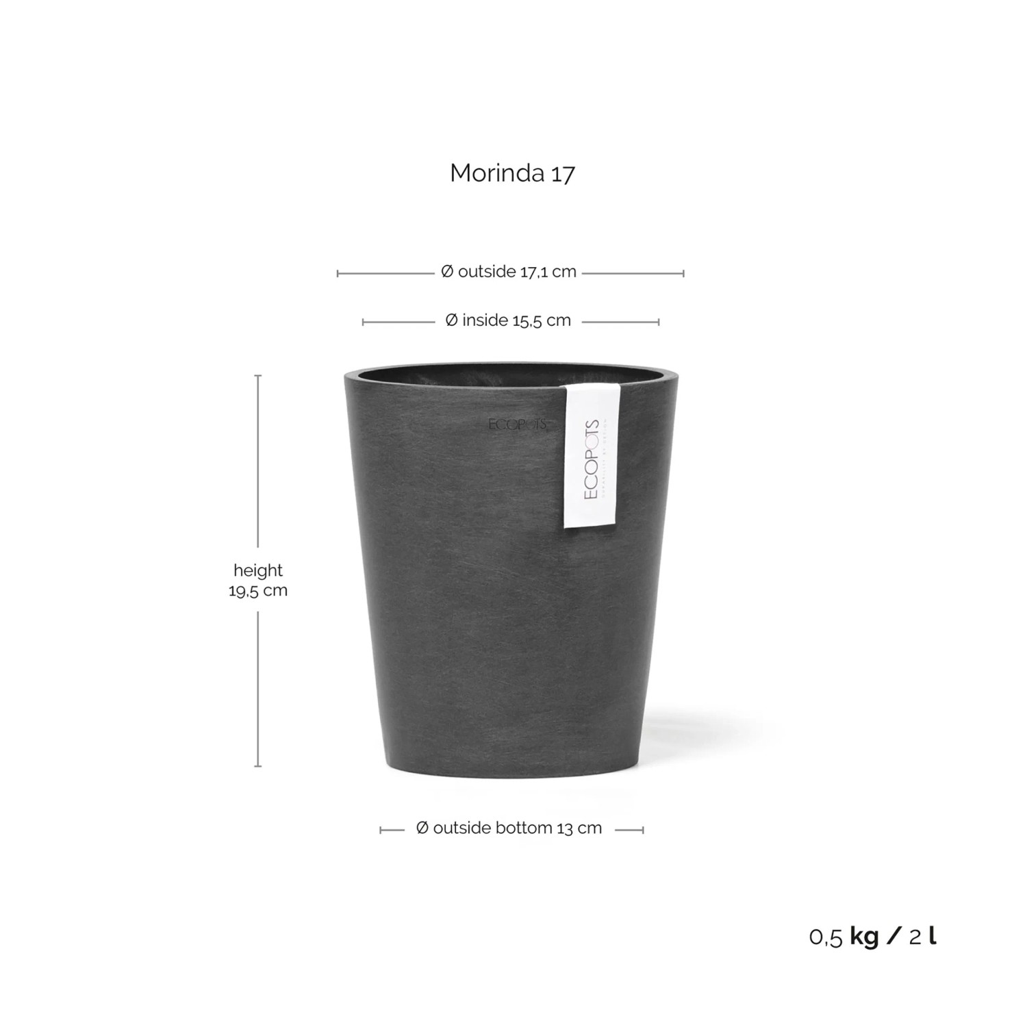 Ecopots Pflanztopf Morinda, dunkelgrau, 17x19,2cm. Skandinavisches Design für Innen- & Außenbereiche.