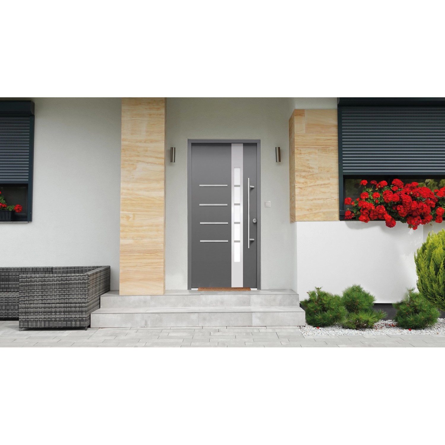 Moderne anthrazitfarbene Splendoor Sicherheits-Haustür Berlin Prime RC2K mit Edelstahlapplikationen und Glaselement.