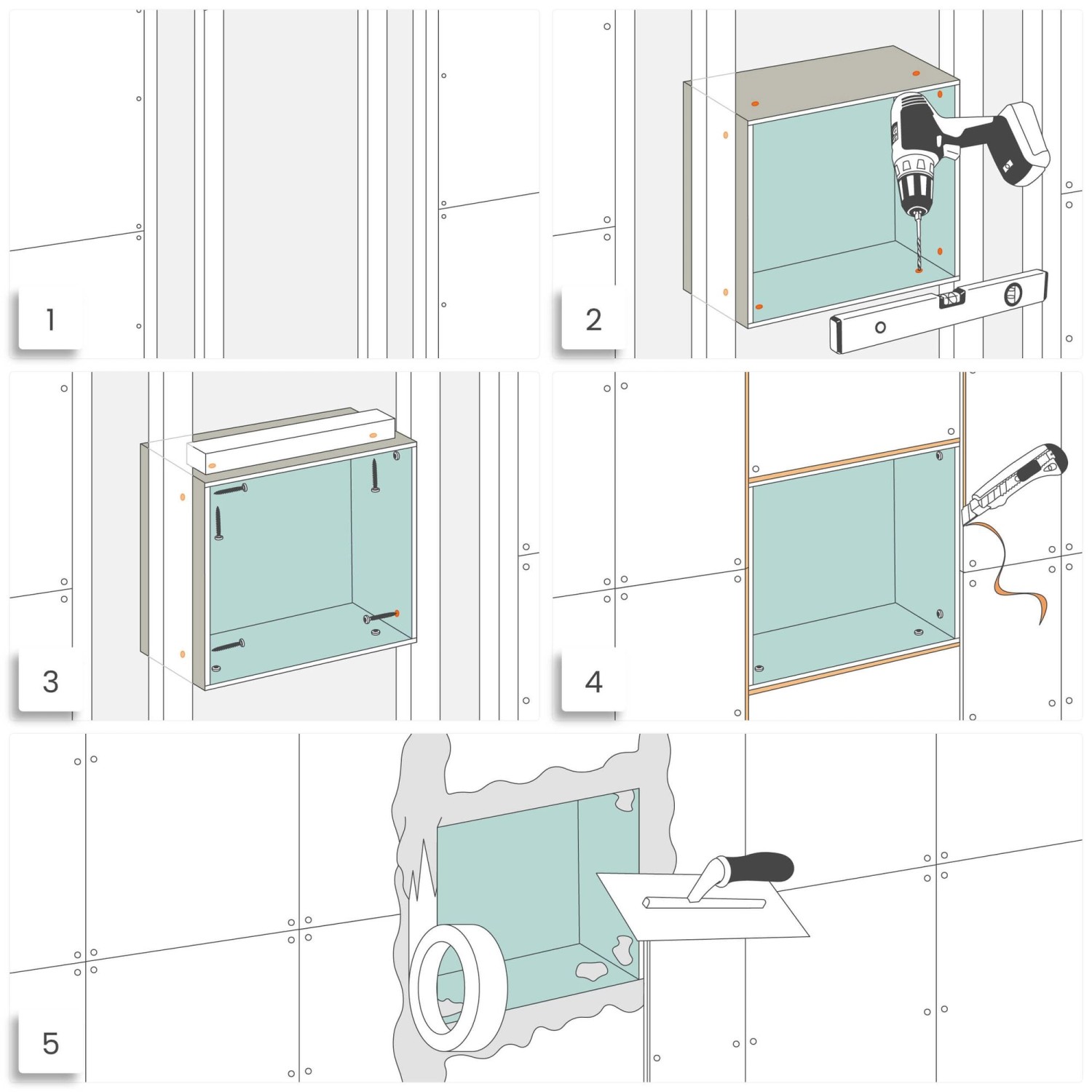 Montage einer Dalsys Wandnische Dusche 30x60x12cm aus Gipskarton in 5 Schritten.