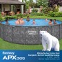 Bestway APX365 Stahlrahmen Pool mit Sandfilteranlage, 549x132 cm, Marmor-Optik, mit Badegästen.