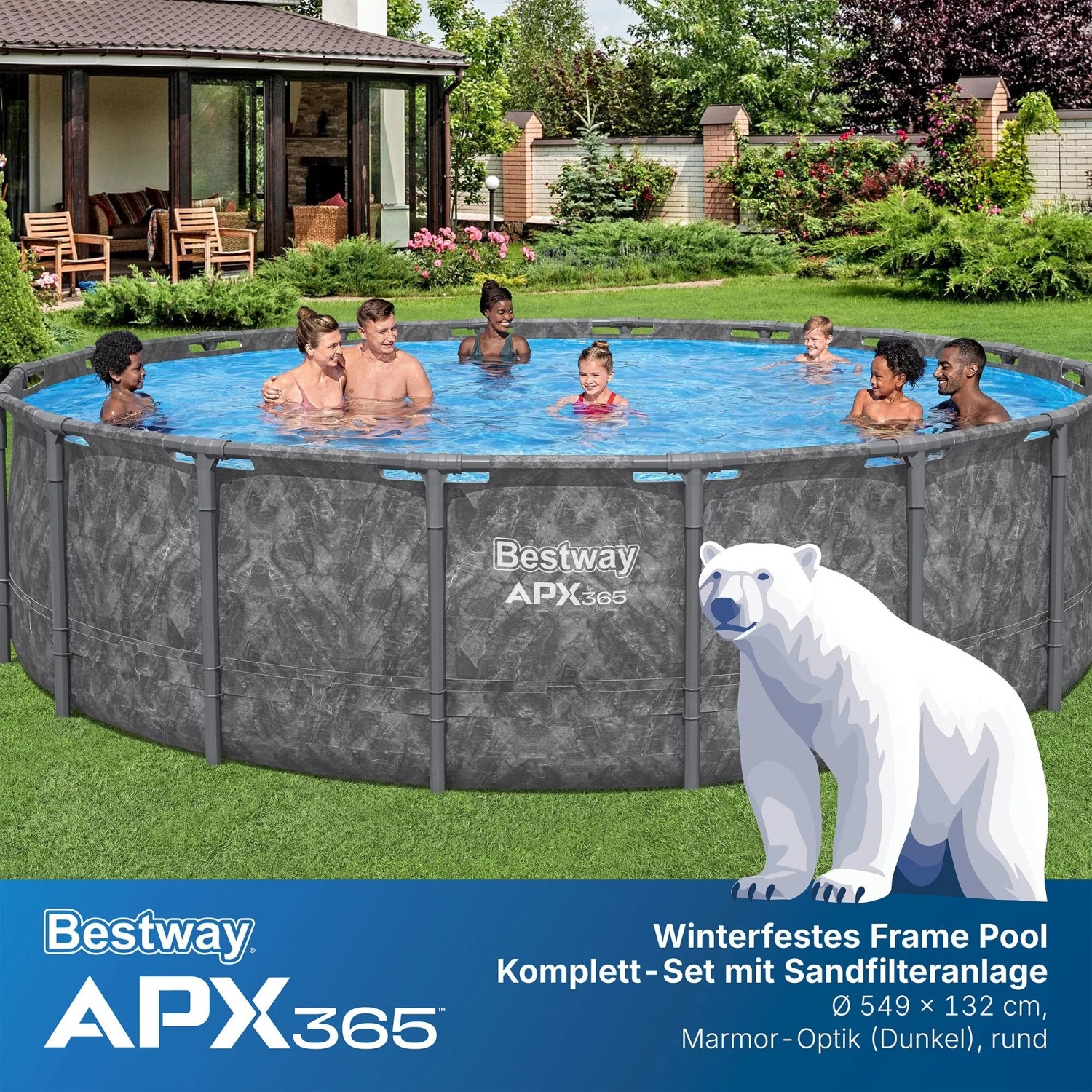 Bestway APX365 Stahlrahmen Pool mit Sandfilteranlage, 549x132 cm, Marmor-Optik, mit Badegästen.