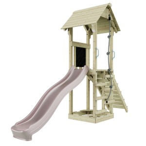 OutdoorToys Spielturm Lillehammer in Altrosa mit Rutsche, Kletterseil und Leiter.