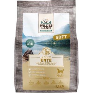 Wildes Land Hunde-Trockenfutter Soft Adult Ente, 1,5kg Packung. Getreidefreies Futter mit Reis und Wildkräutern.