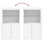 Weißer Beistellschrank mit LED-Leuchten, Glasablage und Türen. Büroschrank aus Holzwerkstoff.