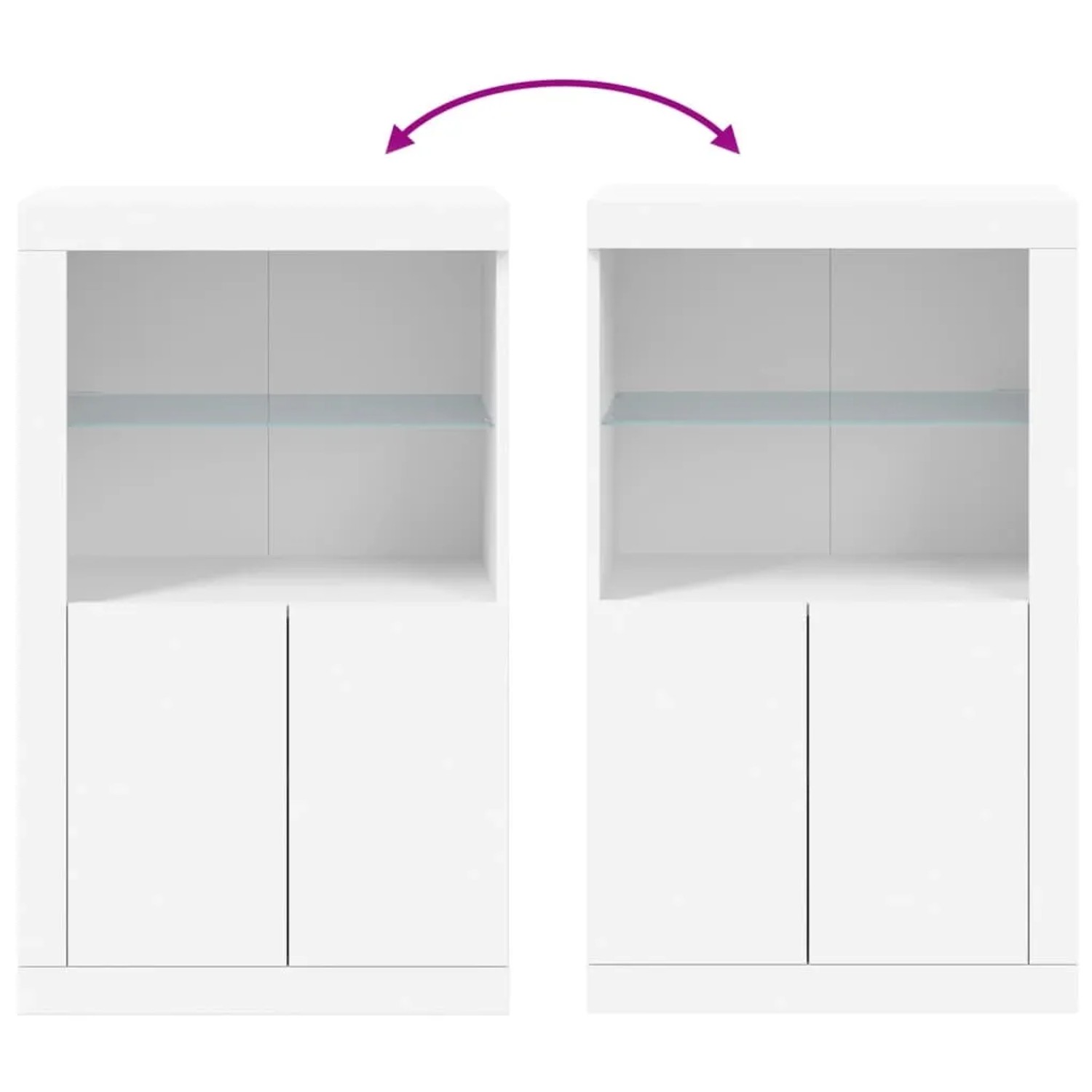 Weißer Beistellschrank mit LED-Leuchten, Glasablage und Türen. Büroschrank aus Holzwerkstoff.