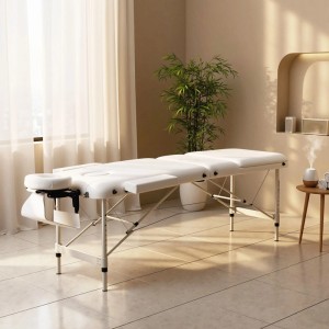 Weiße HOMCOM Massageliege mit Aluminiumgestell, PVC-Polsterung und verstellbarer Kopfstütze. Faltbar und komfortabel.