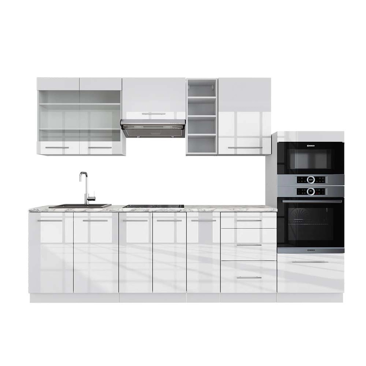 Vicco Fame-Line Küchenzeile Weiß Hochglanz/Weiß 280 cm AP Marmor günstig online kaufen