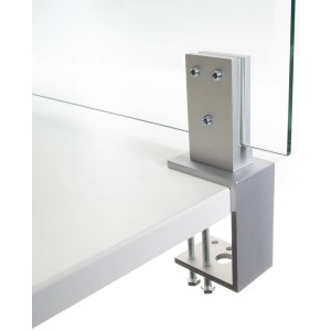 Klemmfuß Groß, 65mm Spannweite, inklusive Glashalter, Eloxal Silber, zur Befestigung von Hygieneschutzglas.