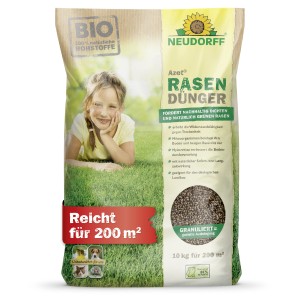 Neudorff Azet Rasen-Dünger, 10 kg Sack mit Mädchen im Rasen. Bio-Rasendünger für dichten, grünen Rasen.