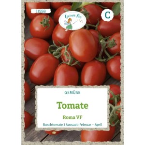 Grüne Fee Roma VF Tomaten Saatgut: Rote, ovale Buschtomaten auf Holz. Ideal für Salate und Saucen.