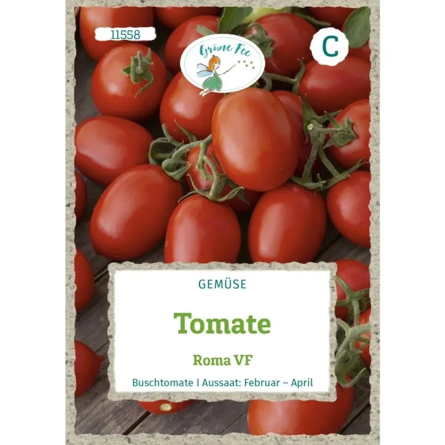 Grüne Fee Roma VF Tomaten Saatgut: Rote, ovale Buschtomaten auf Holz. Ideal für Salate und Saucen.