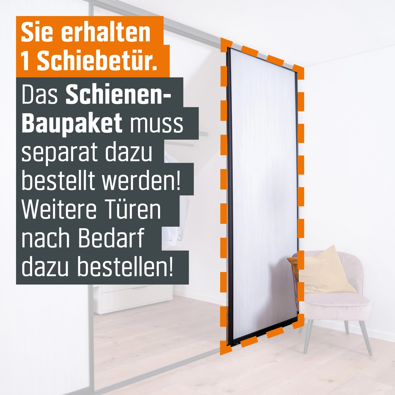 Schiebetür-Baupaket Profil Schwarz Dekor Pinie Weiß, 1022x2600mm. Schiebetür für begehbare Schränke oder Raumteiler.