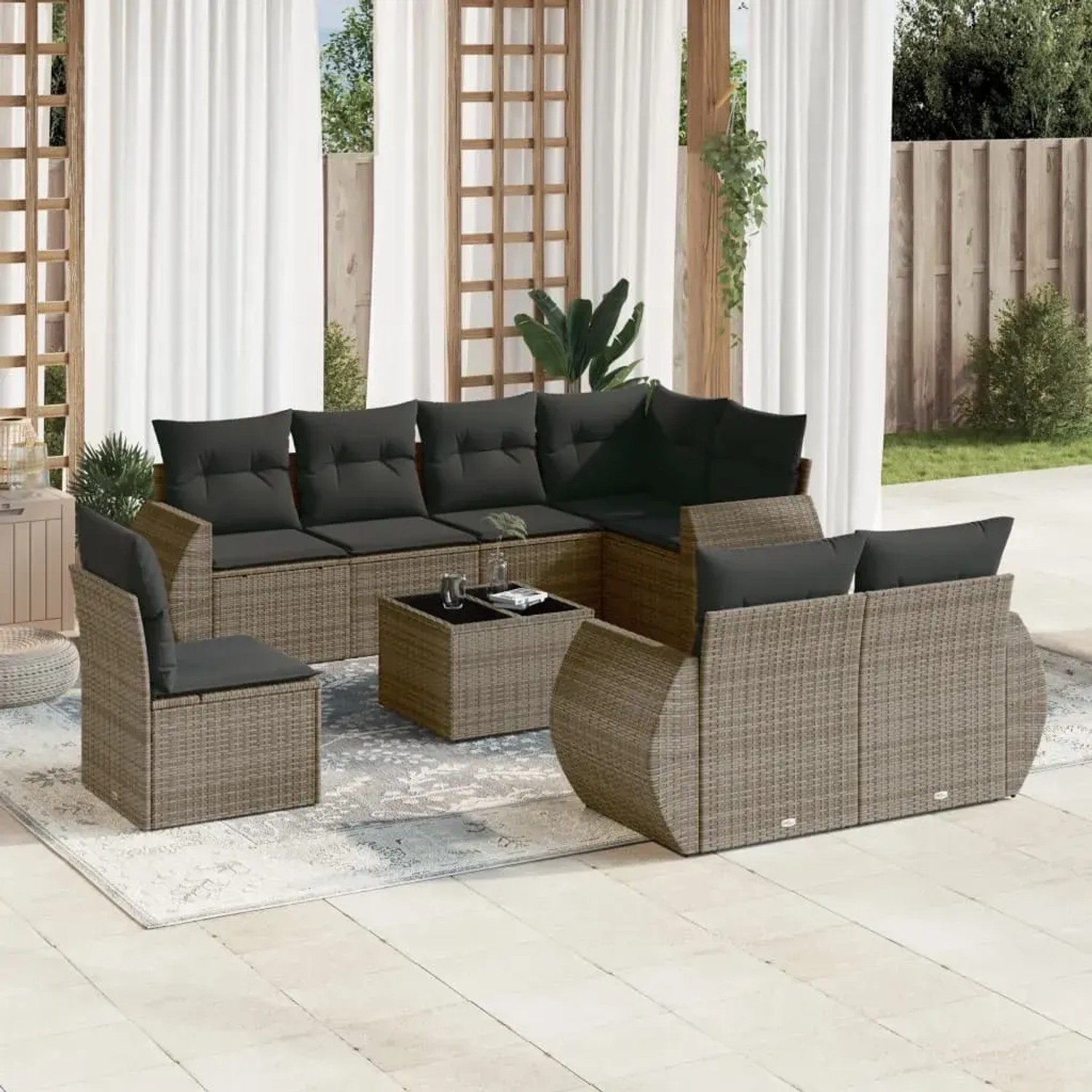 Graue 9-tlg. vidaXL Garten-Sofagarnitur aus Polyrattan mit Kissen für Terrasse und Garten.