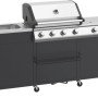 Outdoor-Küche mit Gasgrill in Schwarz-Edelstahl, mit Spülbecken, Grillfläche und Stauraum.