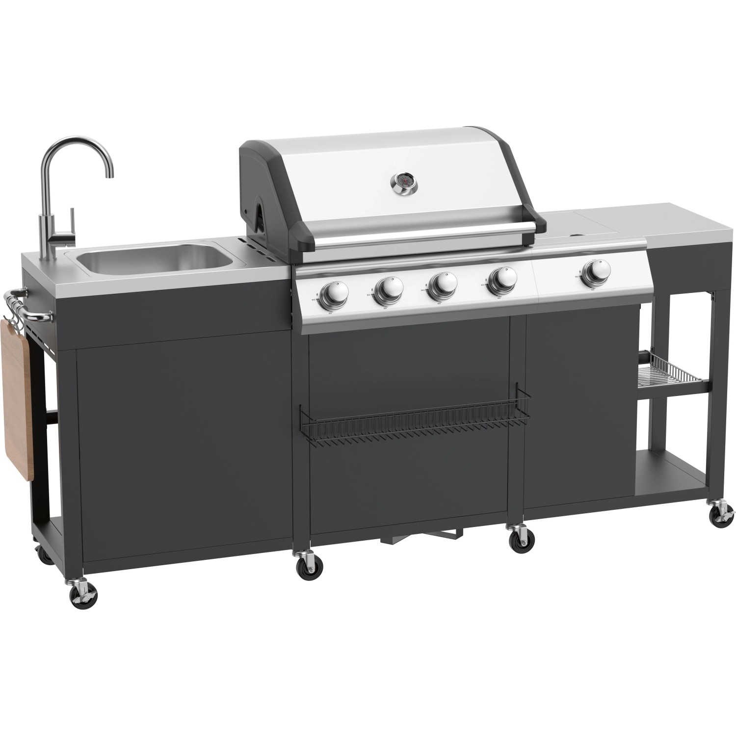 Outdoor-Küche mit Gasgrill in Schwarz-Edelstahl, mit Spülbecken, Grillfläche und Stauraum.