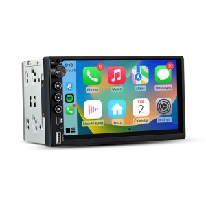Junsun 7 Zoll 2 Din Autoradio mit Touchscreen, Carplay/Android Auto Interface, schwarzen Tasten und USB-Anschluss.
