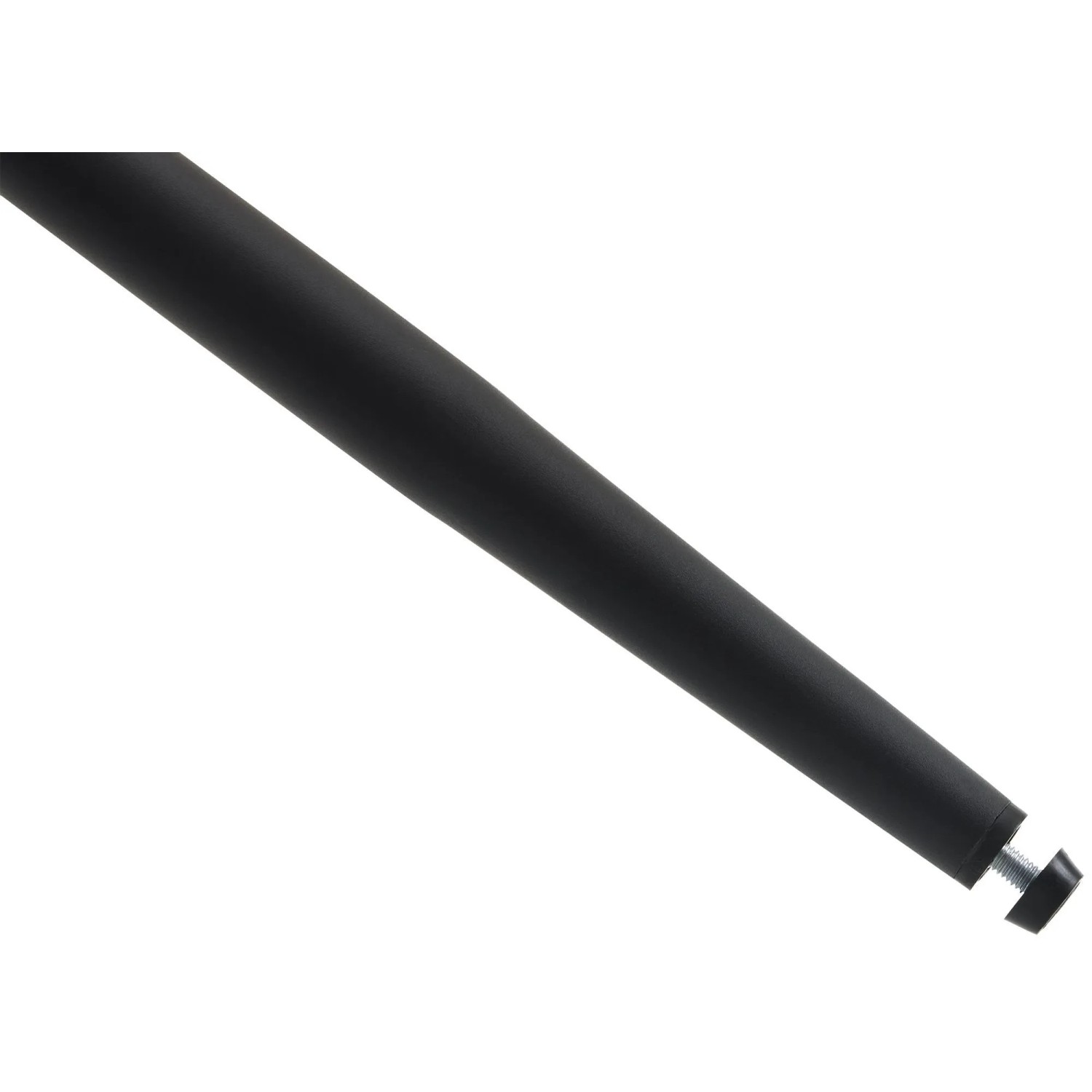 Nahaufnahme des mattschwarzen Metallbeins eines Barhockers mit verstellbarem Bodenschoner.