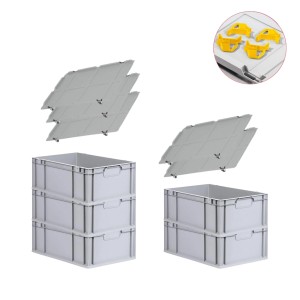 PROREGAL Spar Set: 5 graue Euroboxen mit Deckel und gelben Schiebeschnappverschlüssen. Aufbewahrungsboxen.