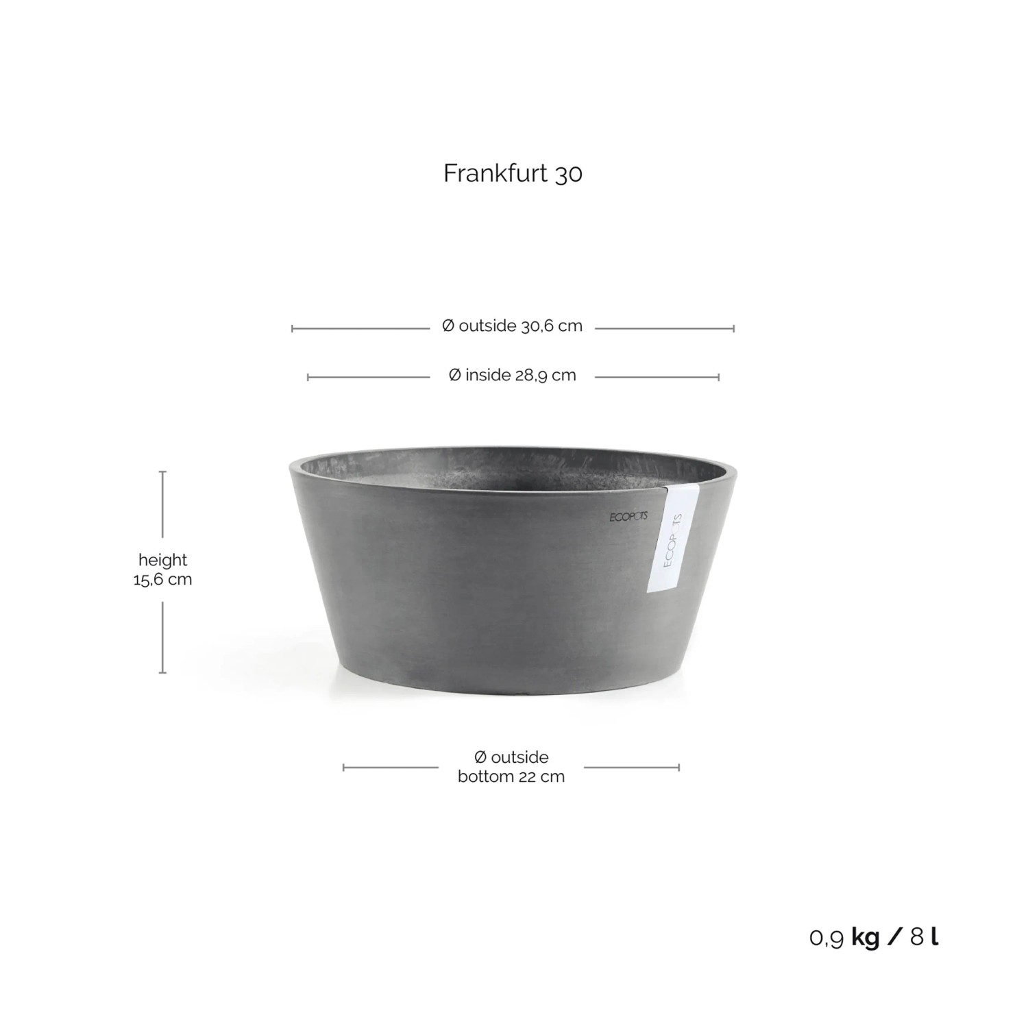 Runde Ecopots Pflanzschale Frankfurt in Grau, Ø 31 cm, aus Stein-Kunststoff-Verbund. UV- & frostbeständig für innen & außen.