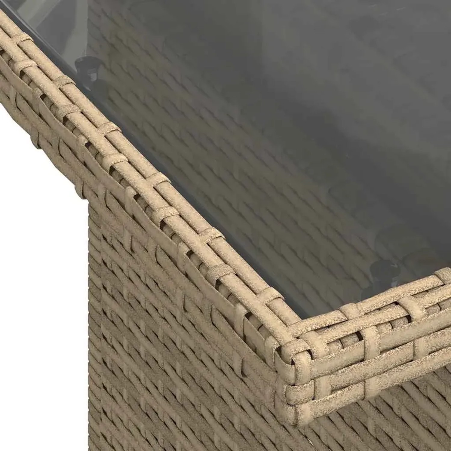 Detailansicht Tisch der beigen vidaXL Garten-Sofagarnitur aus Polyrattan mit Glasplatte.