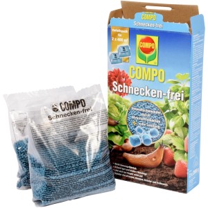 Compo Schnecken-frei: 2 Beutel Schneckenkorn und Verpackung mit Schnecken-Motiv.