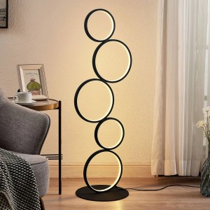 Moderne LED Stehlampe Jacek in Schwarz mit runden Leuchtelementen für Wohnzimmer.