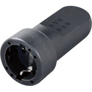 Schwarze Gummikupplung für Schutzkontakt, ohne Erdungsstift.