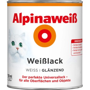 Dose Alpinaweiß Weißlack glänzend, 750 ml, mit Katzenmotiv. Ideal für Holz, Metall, Mauerwerk und Kunststoff.