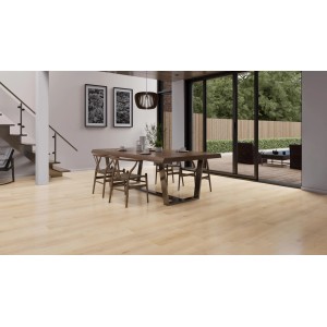 Heller Click-Vinylboden Burbach Eiche Breitdiele im Wohnraum mit Esstisch und Terrassenzugang.