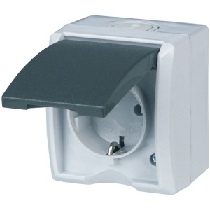 REV Ritter Feuchtraumsteckdose AquaForm AP IP44 für Aufputzmontage mit Klappdeckel.