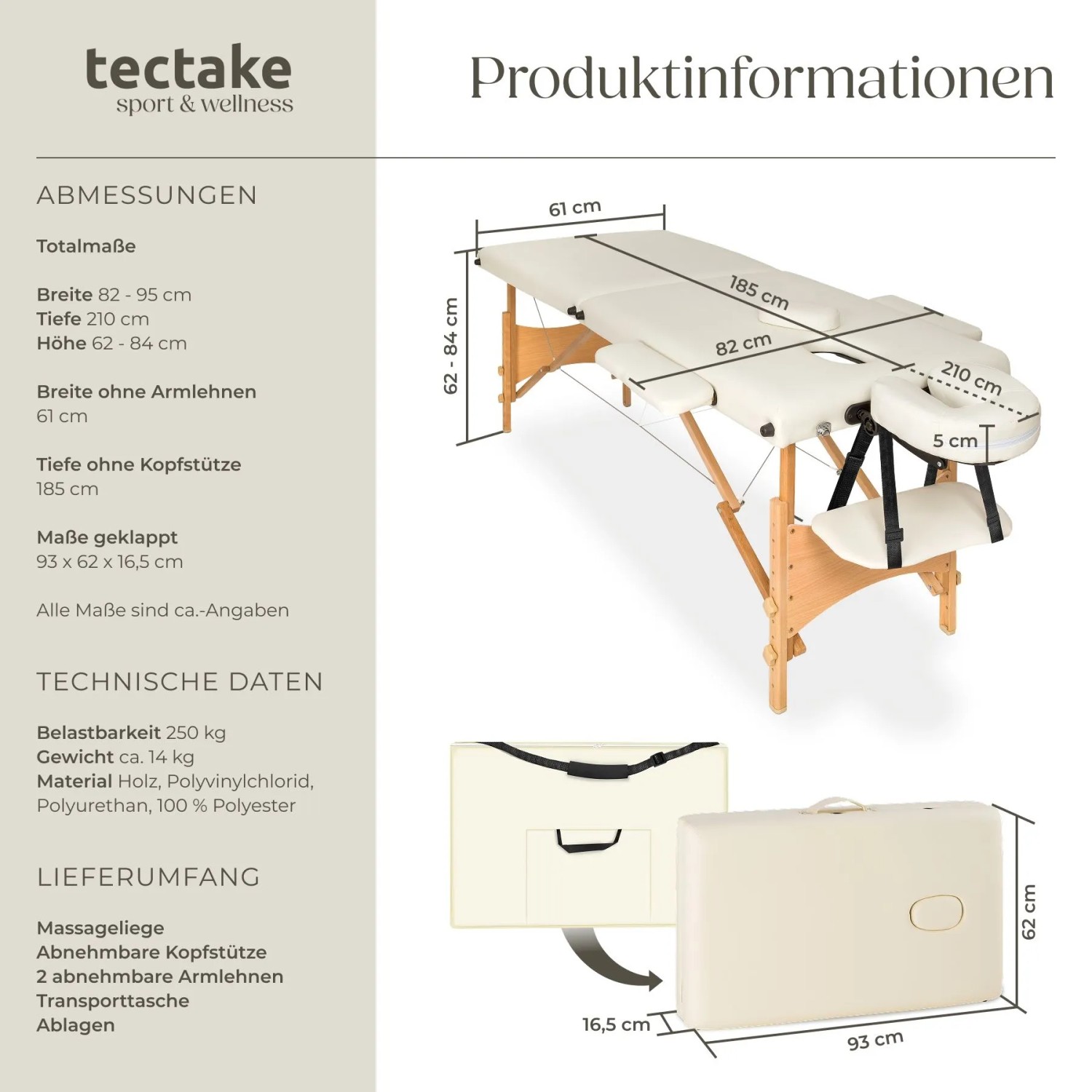 Beige Tectake Massageliege Freddi mit Holzgestell, Armlehnen und Tragetasche.