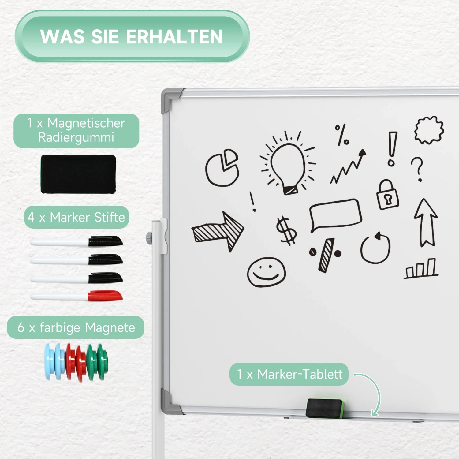 HOMCOM Whiteboard Zubehör: Magnetischer Radiergummi, Marker, Magnete, Stiftablage.