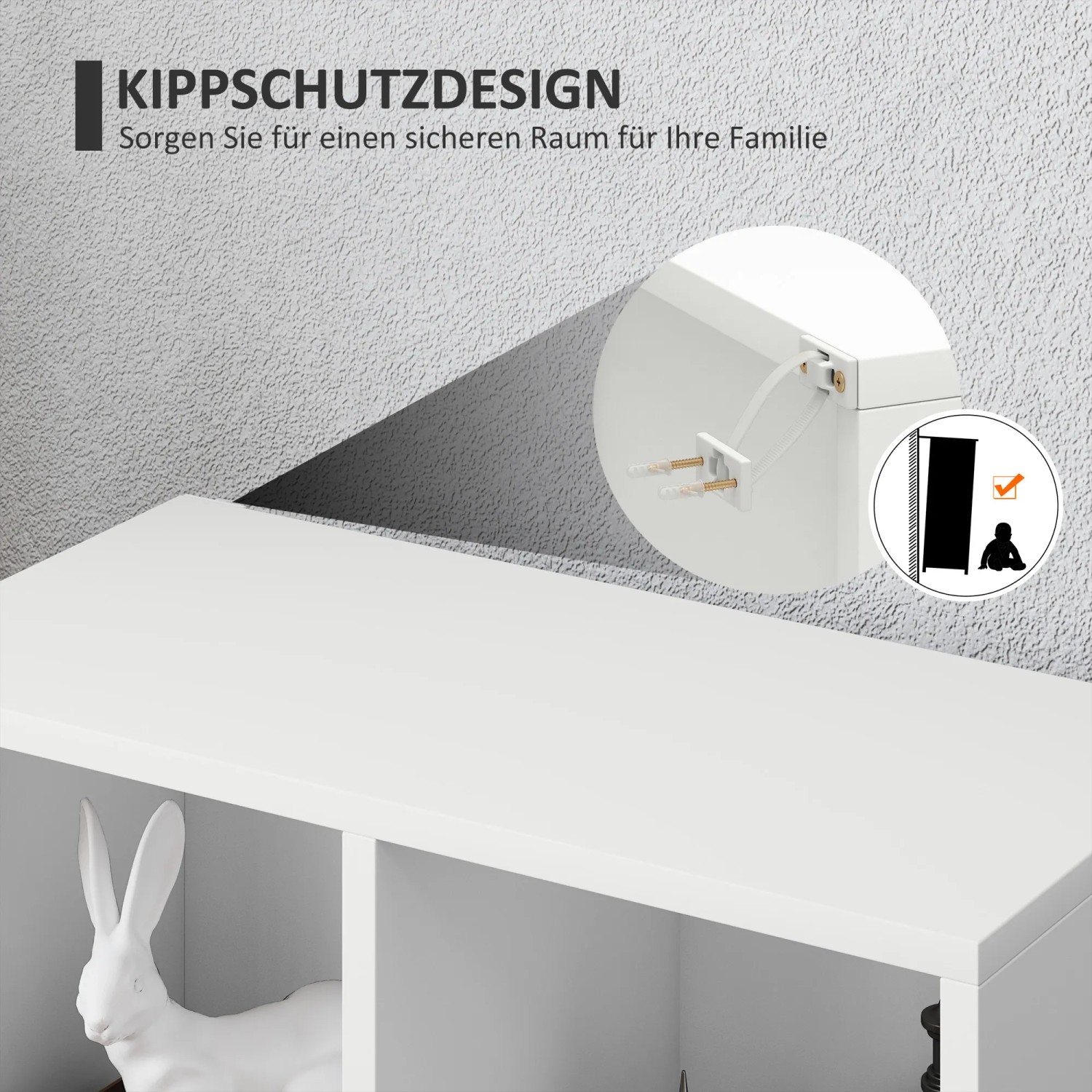 Detailaufnahme: Weißes HOMCOM Bücherregal mit Kippschutz für mehr Sicherheit.